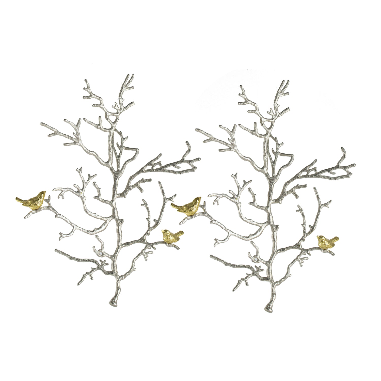 Metal Branch Wall Sculptures With Bird Accents (Set of 2) - Silver Multi