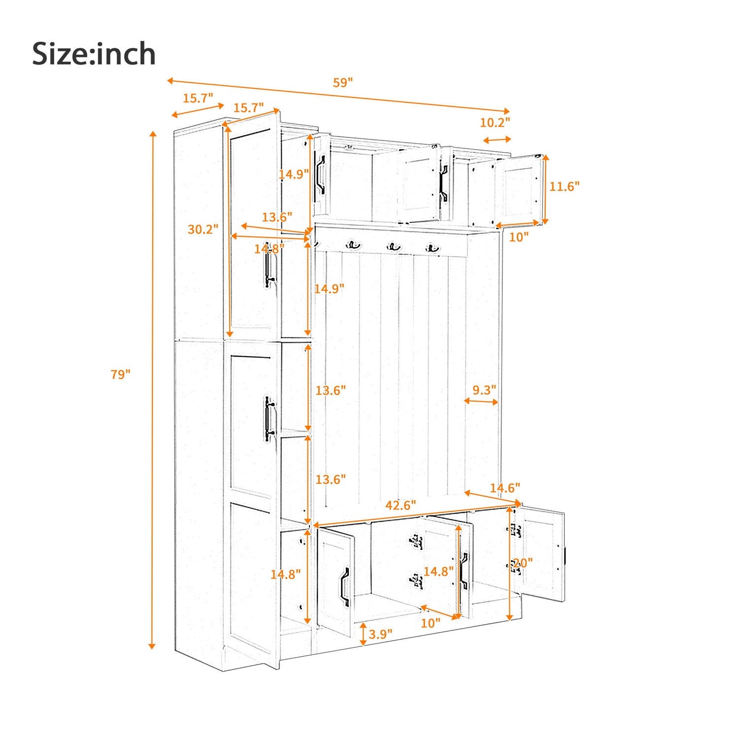 Tall Hall Tree With Shoe Storage, 4 In 1 Entryway Bench With 6 Cabinets, 4 Coat Hooks &amp; Adjustable Shelf For Hallway - White