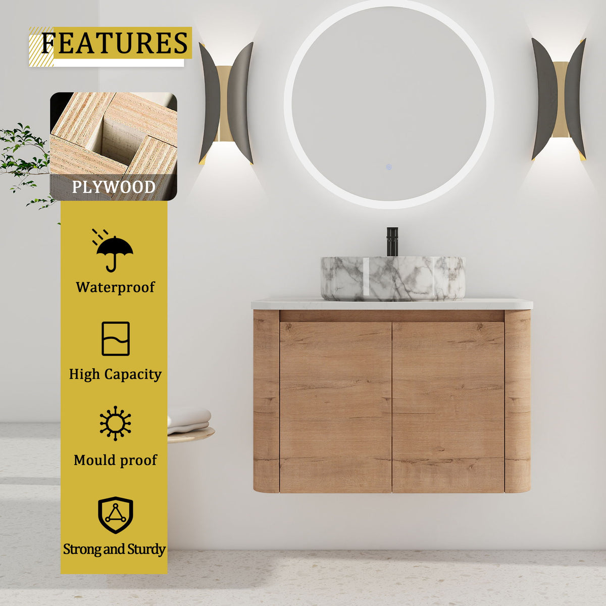 Wall Mounted Bathroom Vanity With Art Sink &amp; 1 Soft Close Door