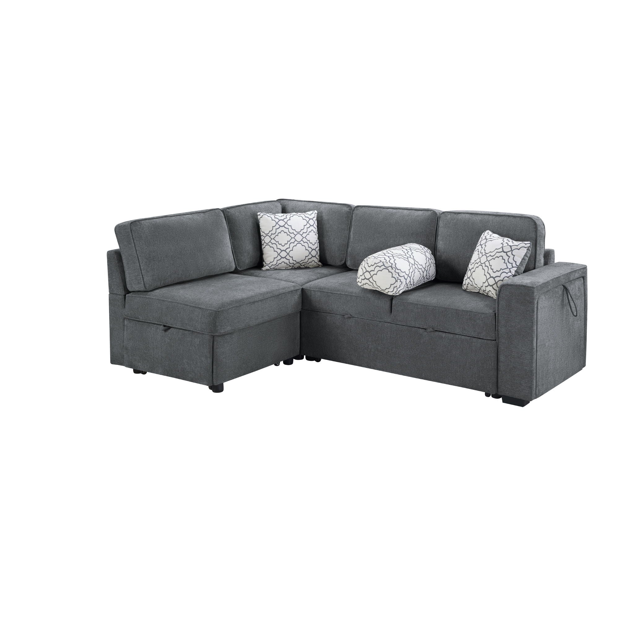 Convertible Sectional L-Shaped Sofa With Dual Pull-Out Sleepers, Flip-Top Table, USB Ports, Cup Holder &amp; Storage