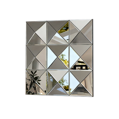 3D Beveled Wall Mirror With Frame, Large Square Design For Living Room - Silver
