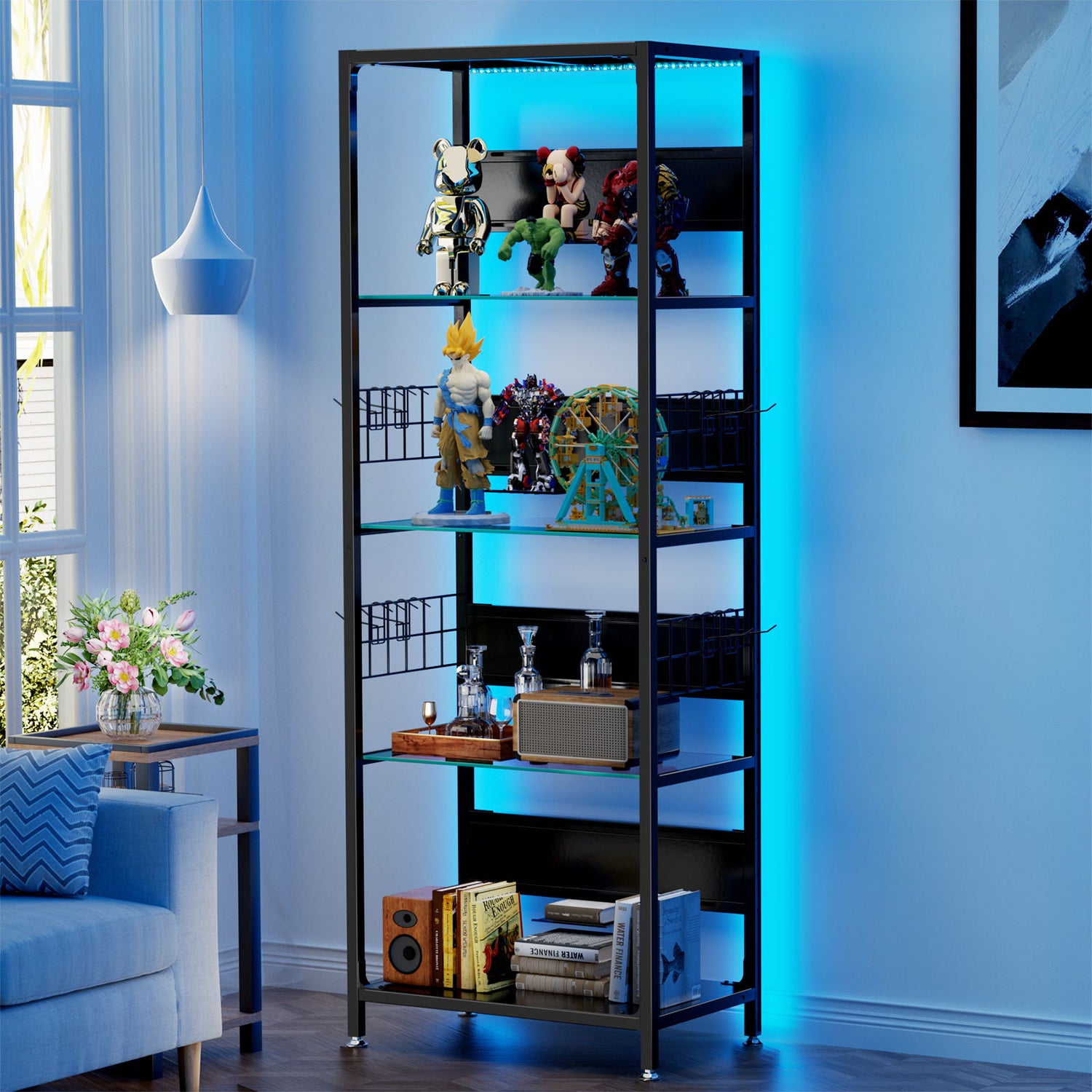 4 Tier Display Shelf With RGB Lights, LED Lighted Curio Cabinet With Adjustable Storage Box &amp; Hooks - Black