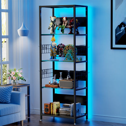 4 Tier Display Shelf With RGB Lights, LED Lighted Curio Cabinet With Adjustable Storage Box &amp; Hooks - Black