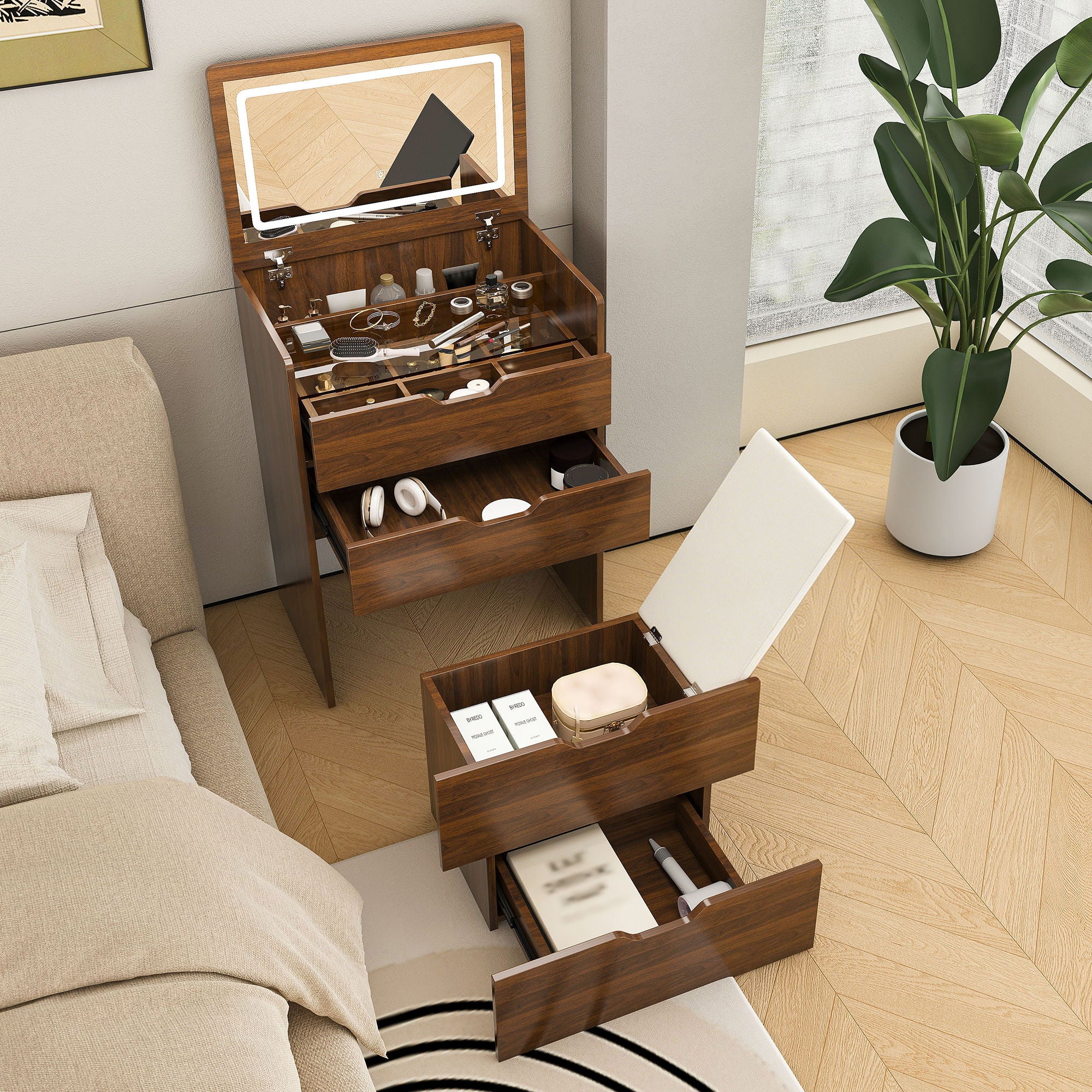 Vanity Desk With Lighted Mirror &amp; Stool