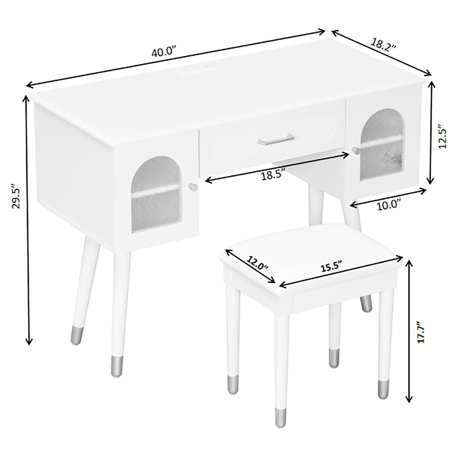 Elegant Vanity Makeup Table &amp; Chair Set Modern Dressing Table With Organizer Writing Desk Charging Port Engineered Wood - White