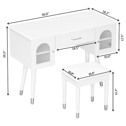 Elegant Vanity Makeup Table &amp; Chair Set Modern Dressing Table With Organizer Writing Desk Charging Port Engineered Wood - White