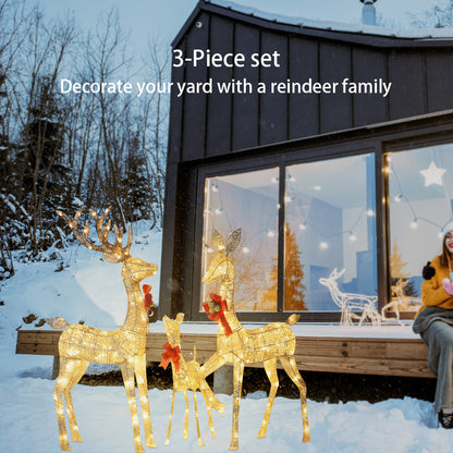 Set of 3 Large Lighted Reindeer Christmas Decorations, 3D Yard Deer Decor Family Set for Indoor or Outdoor Yard Art- with 210 Warm White LED Lights,Christmas Deer Decorations - Gold