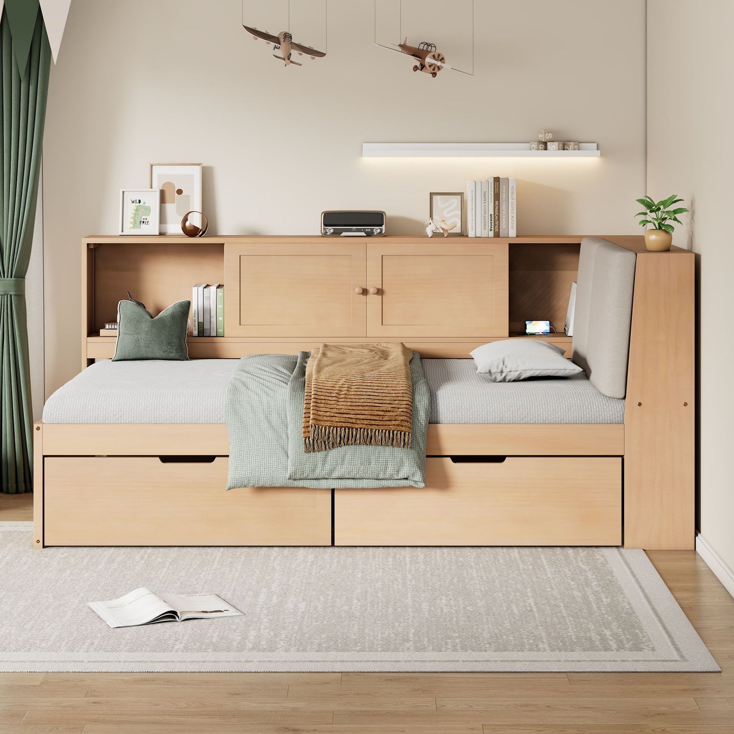 Twin L - Shaped Daybed With Storage Bookcase, Upholstered Headboard, USB Charging Ports &amp; Hidden Drawers - Natural