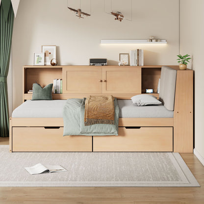 Twin L - Shaped Daybed With Storage Bookcase, Upholstered Headboard, USB Charging Ports &amp; Hidden Drawers - Natural