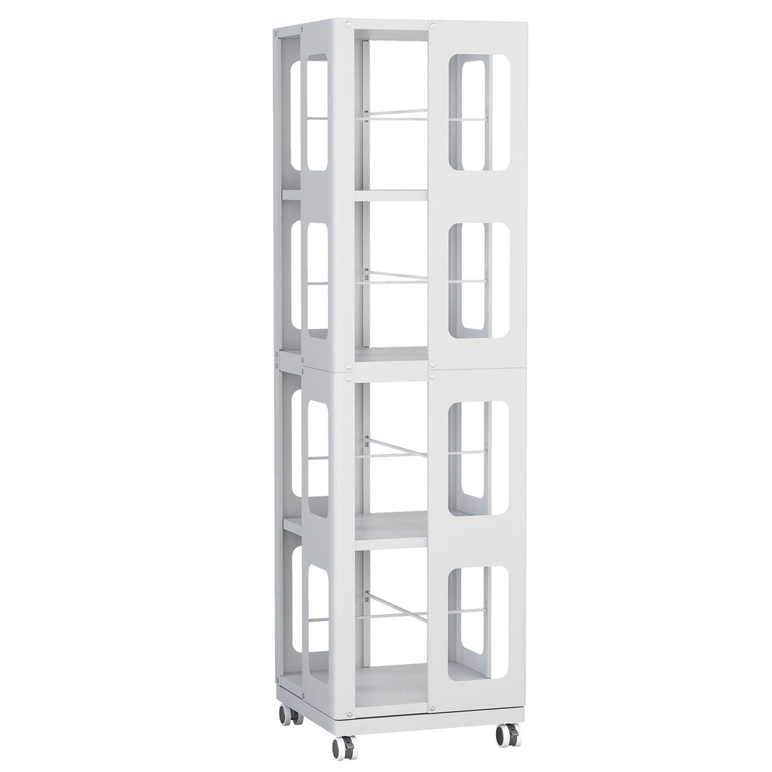 4 Tier All Steel Rotating Bookshelf With 360° Wheels, Large Size Sturdy & Spacious Book Rack, New Style Bookshelf - White