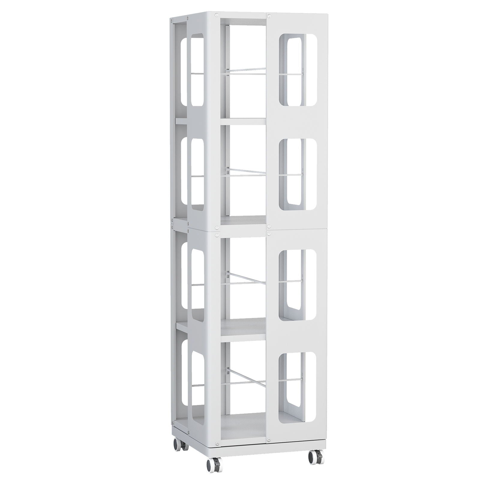 4 Tier All Steel Rotating Bookshelf With 360° Wheels, Large Size Sturdy &amp; Spacious Book Rack, New Style Bookshelf - White