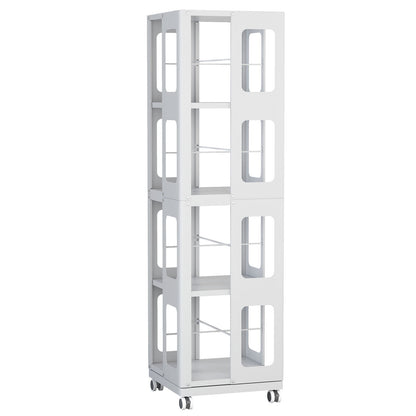 4 Tier All Steel Rotating Bookshelf With 360° Wheels, Large Size Sturdy &amp; Spacious Book Rack, New Style Bookshelf - White
