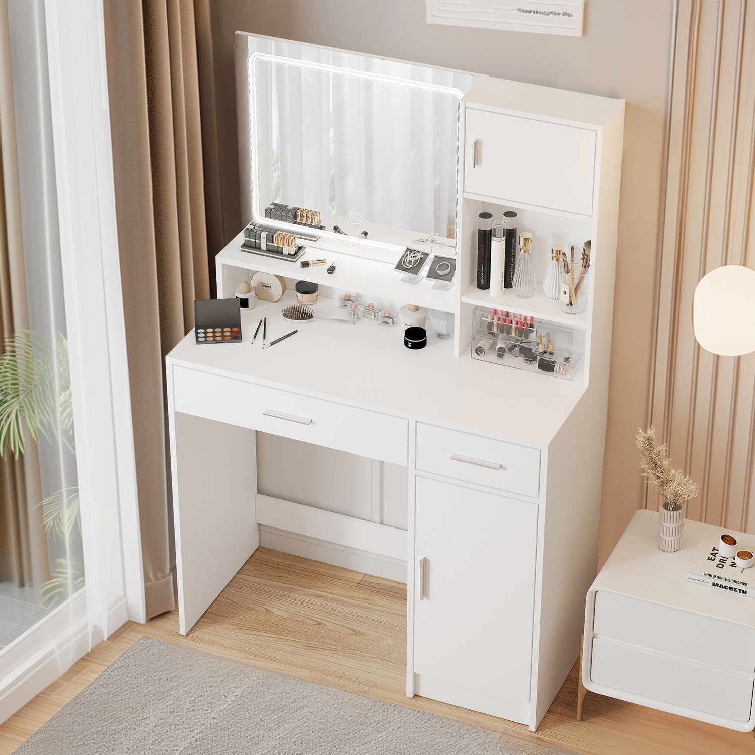 Vanity Desk With Mirror And LED Light Strip, Dressing Table With Large Drawer, 3 Level Storage Dresser &amp; 3 Lighting Modes Adjustable Brightness, Suitable For Bedroom