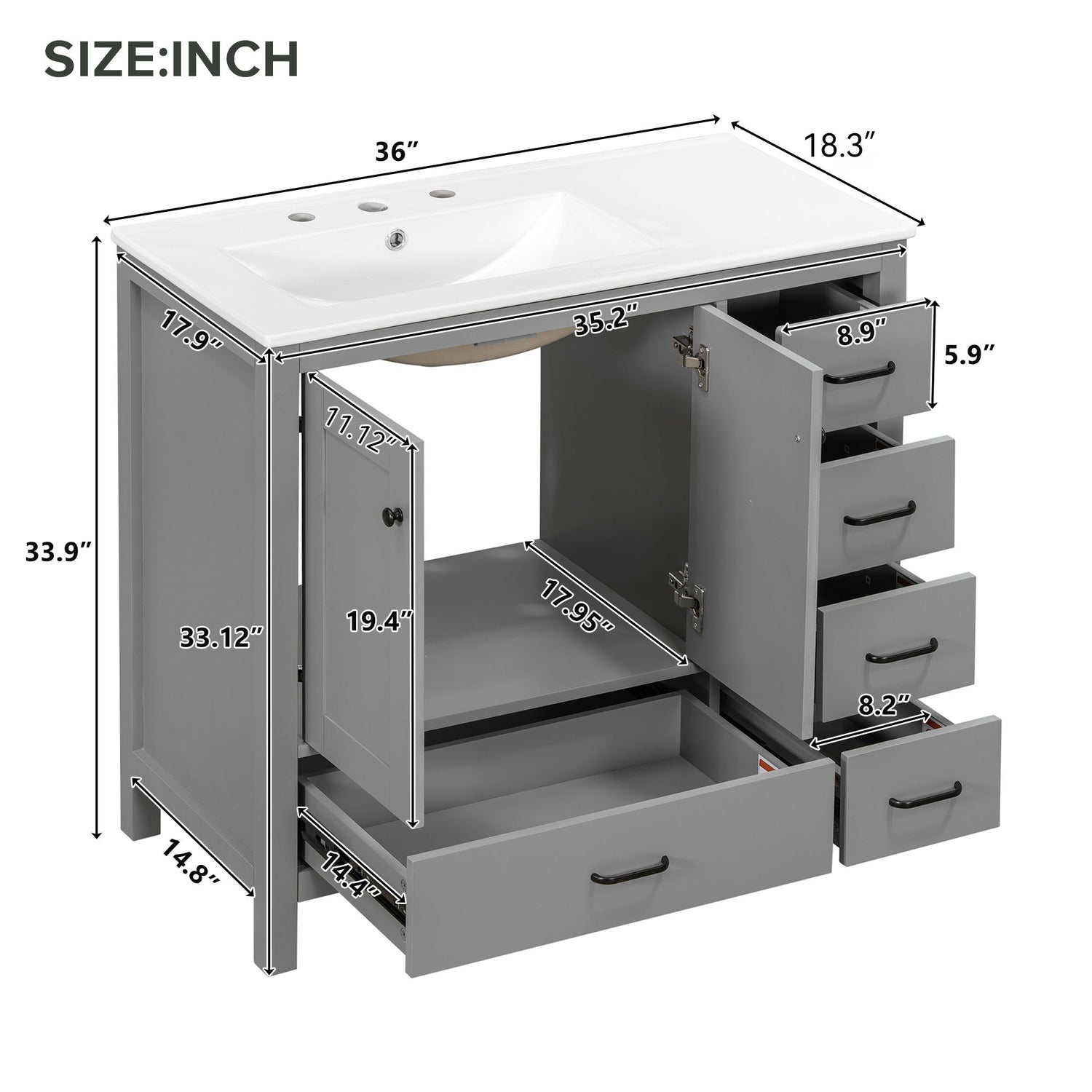 Bathroom Vanity With Sink Combo, 2 Soft Close Doors And 5 Drawers