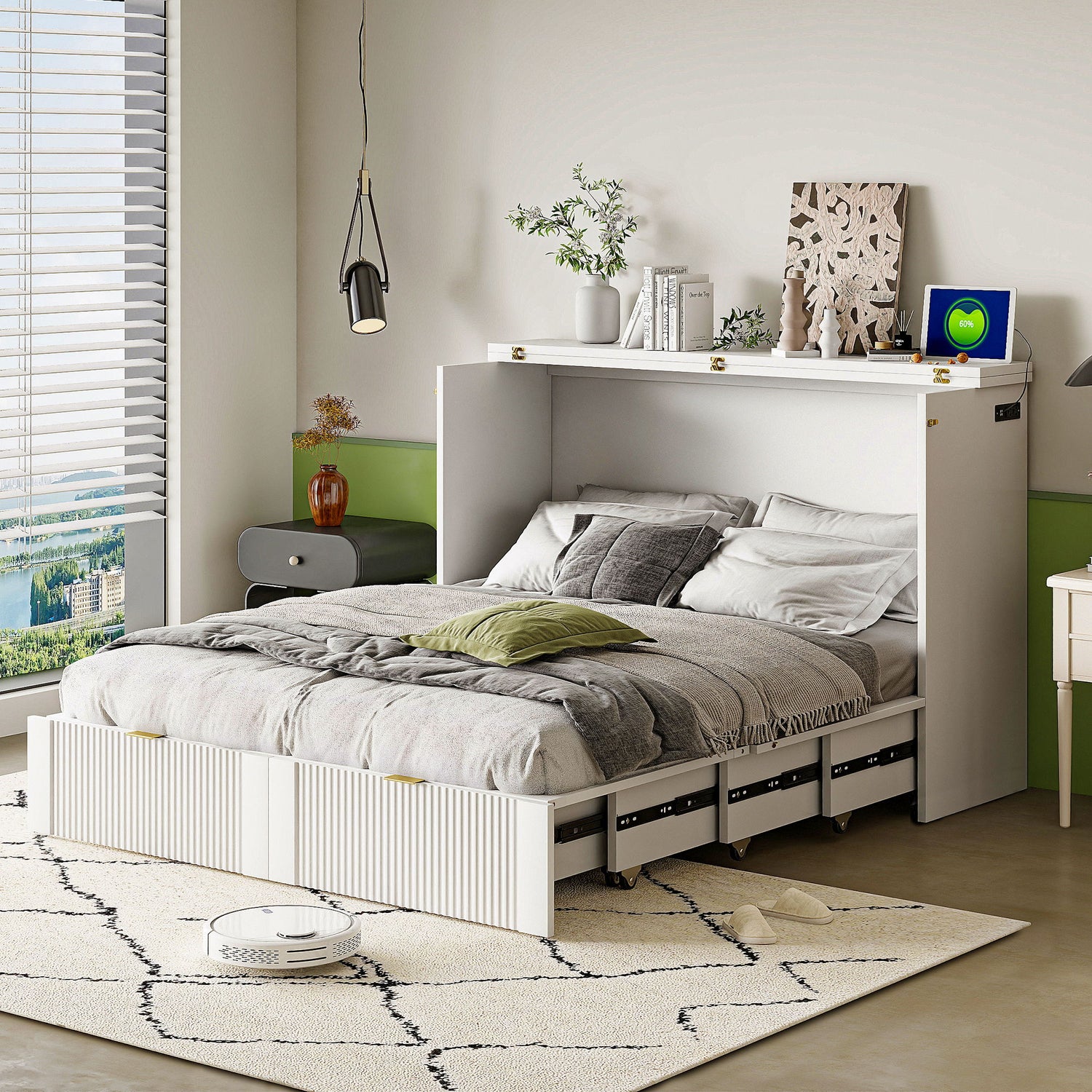 Murphy Bed With Drawer And A Set Of Sockets &amp; USB Ports, Pulley Structure Design