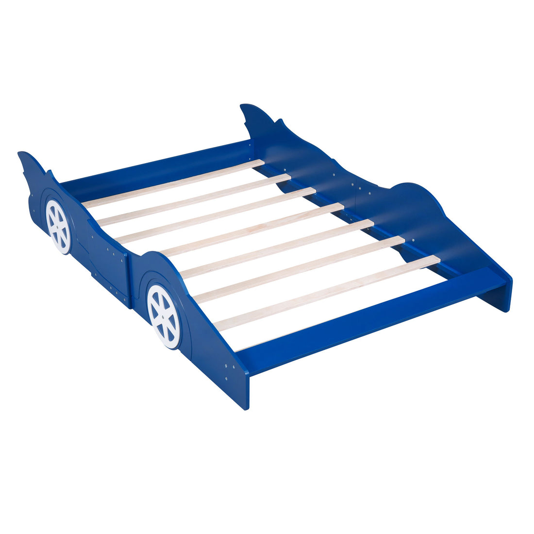 Full Size Race Car-Shaped Platform Bed &amp; Wheels - Blue