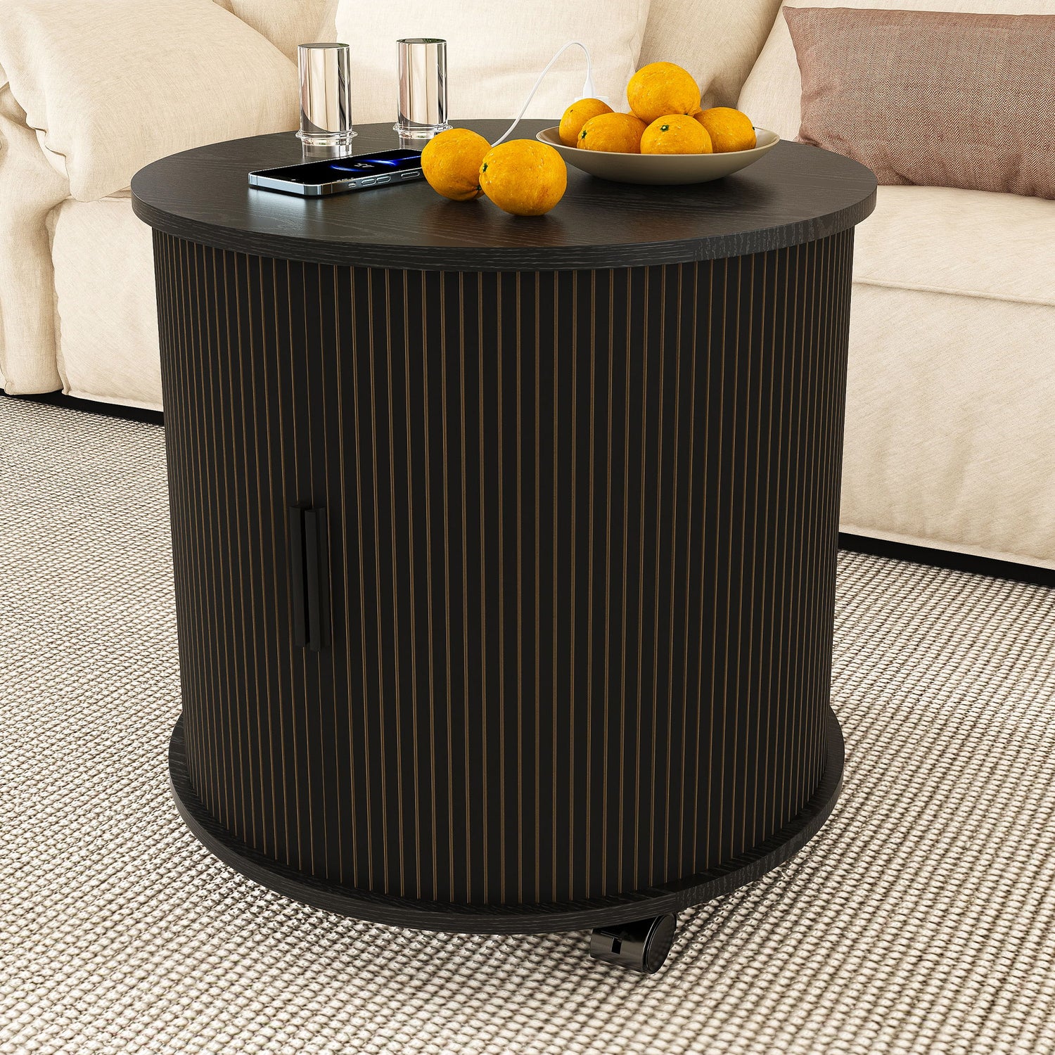 Cylinder Nightstand With Charging Station &amp; Sliding Door