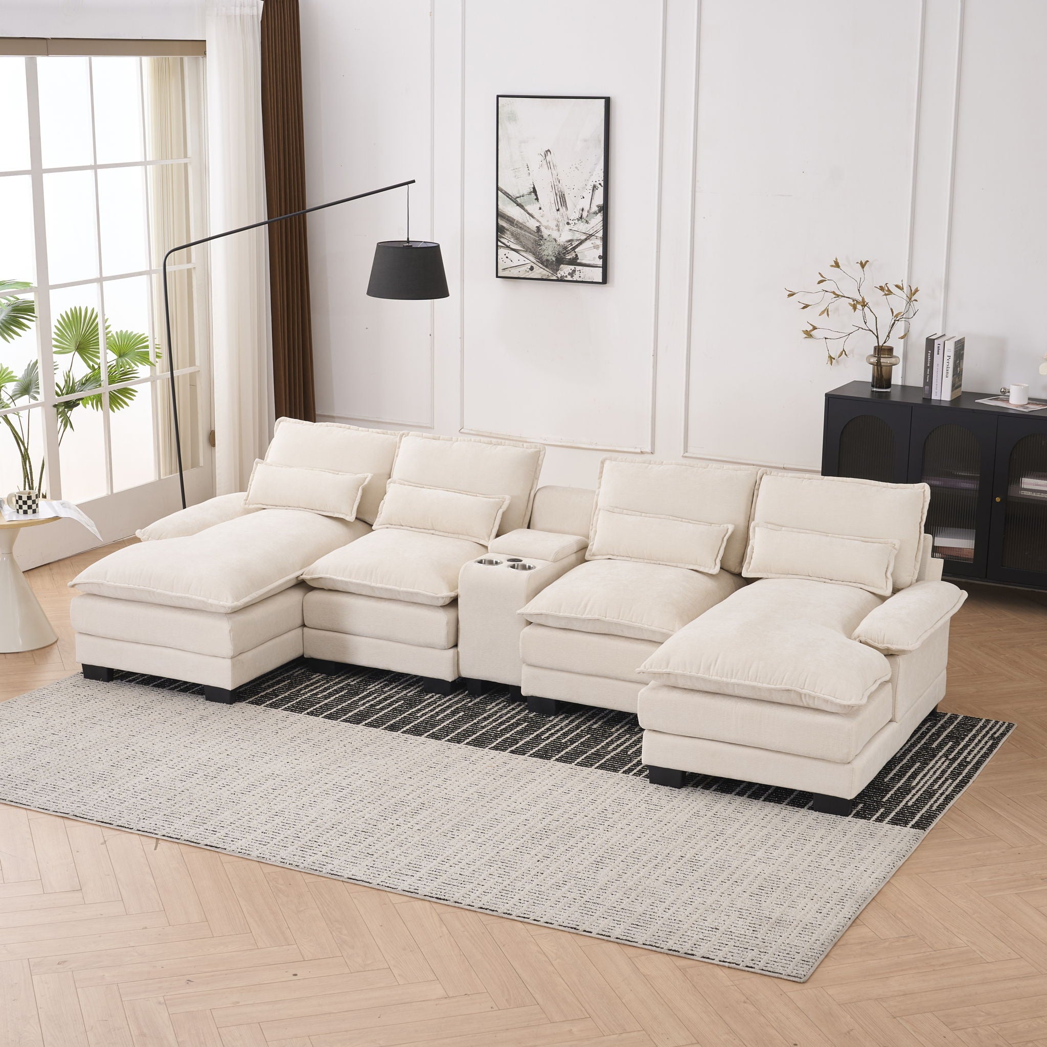 U Shaped Sofa With Console, Cupholders, USB Ports, 6 Seat, Bronzing Suede &amp; Chenille