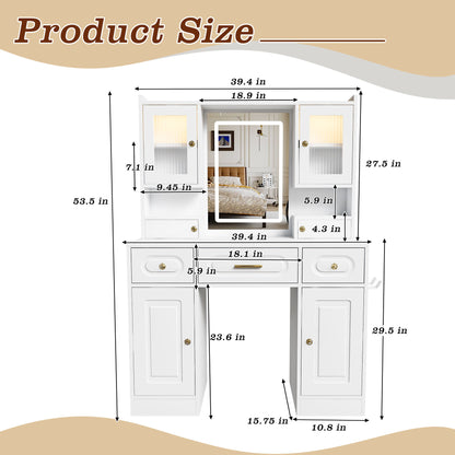 Large Vanity Table Set With Mirror, 6 Drawers &amp; Shelves, Power Socket, Hair Dryer Holder, Cabinet Light, Dressing Desk - White