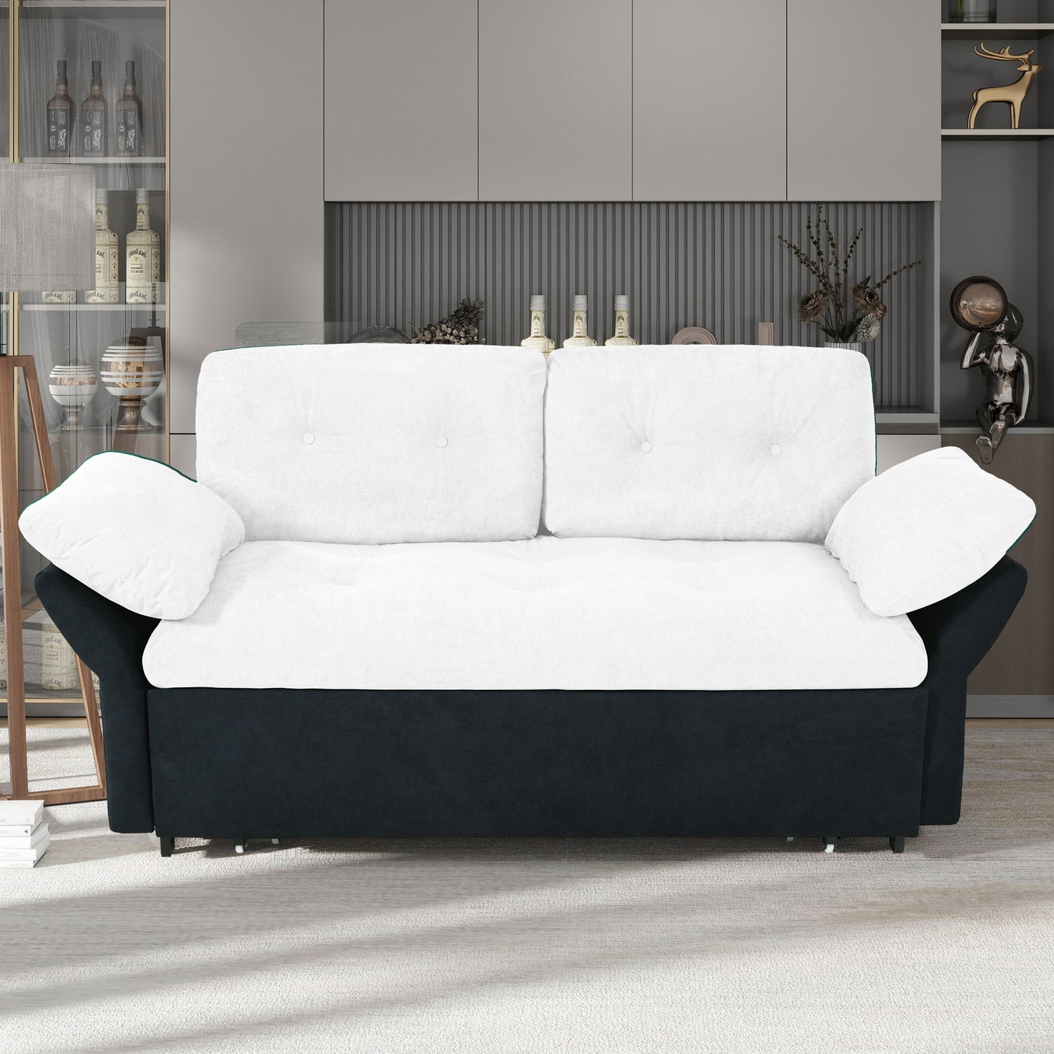 Modern Convertible Sleeper Sofa Bed With Pull-Out Queen Design, Side Storage &amp; Thick Cushions