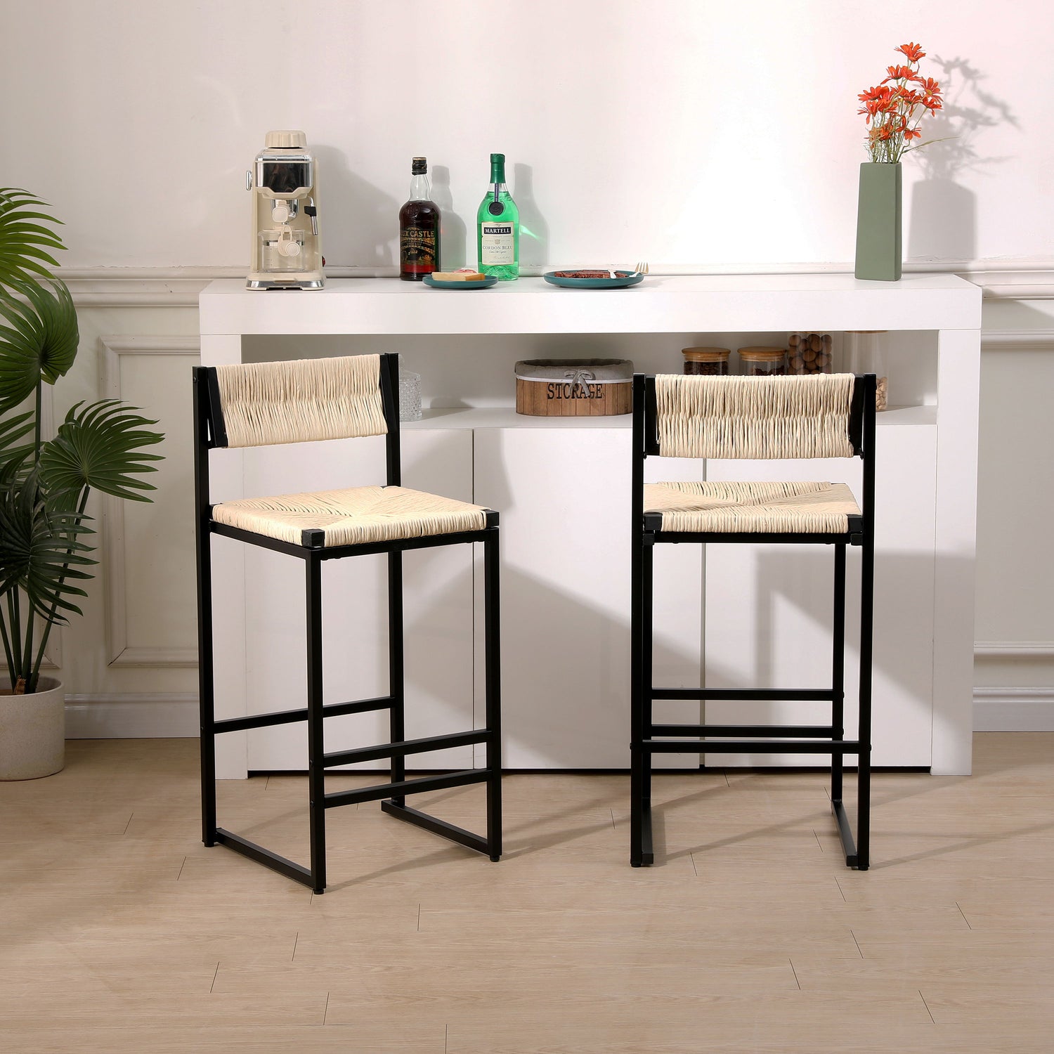 Bar Stools Paper Rope Weave Dining Chairs With Back Hand Weave Stools For Kichen Island, Bar &amp; Counter (Set of 2)