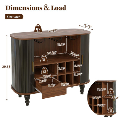 Fluted Liquor &amp; Coffee Bar Cabinet With 6 Wine Racks And 3 Glass Holders