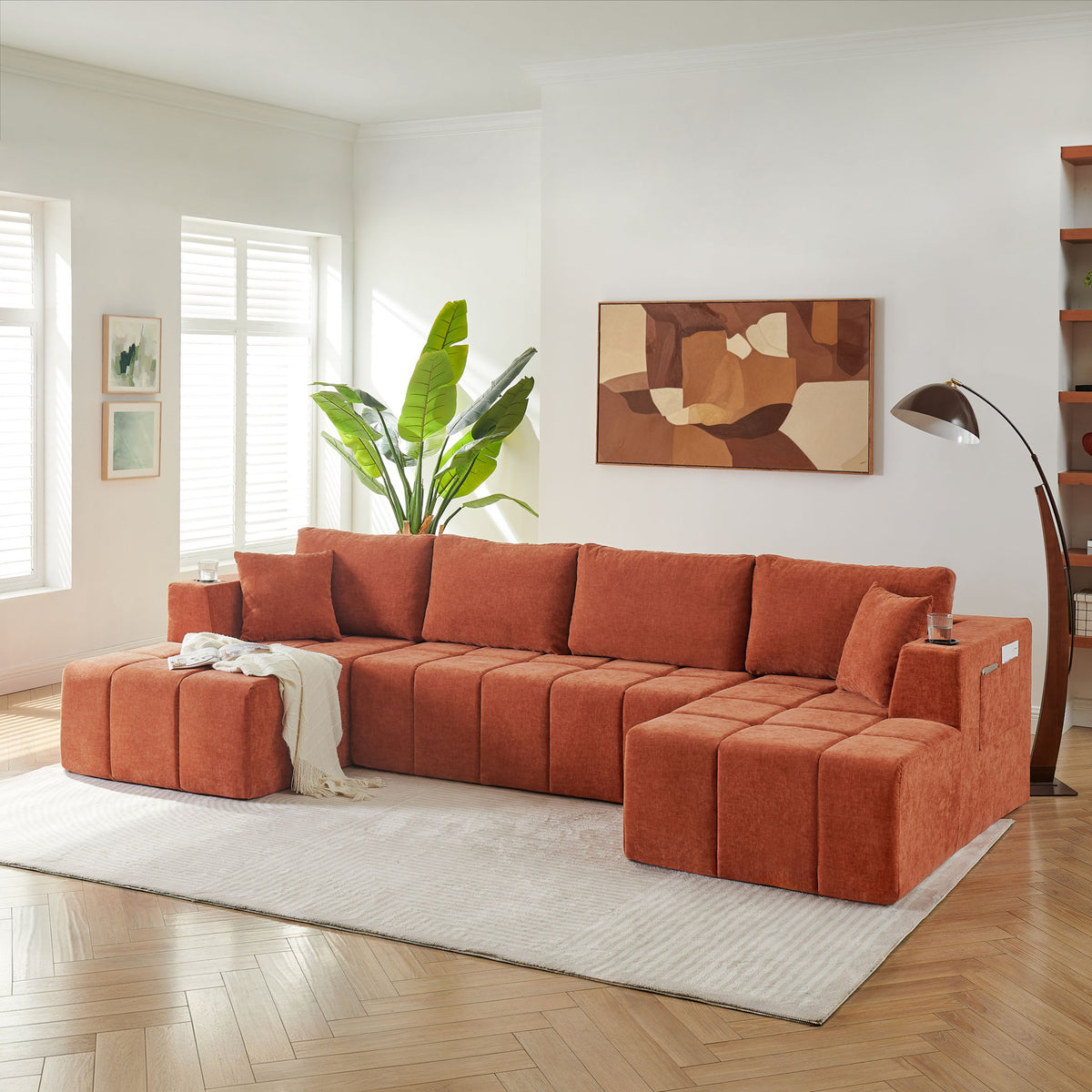 U - Shaped Sectional Sofa, Cup Holders &amp; Side Pockets For Living Room