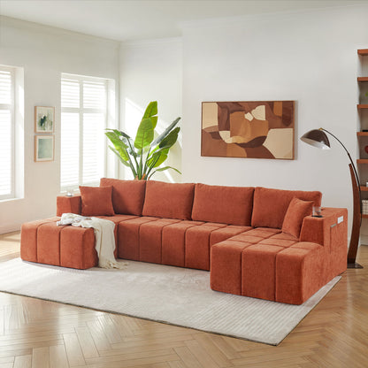 U - Shaped Sectional Sofa, Cup Holders &amp; Side Pockets For Living Room