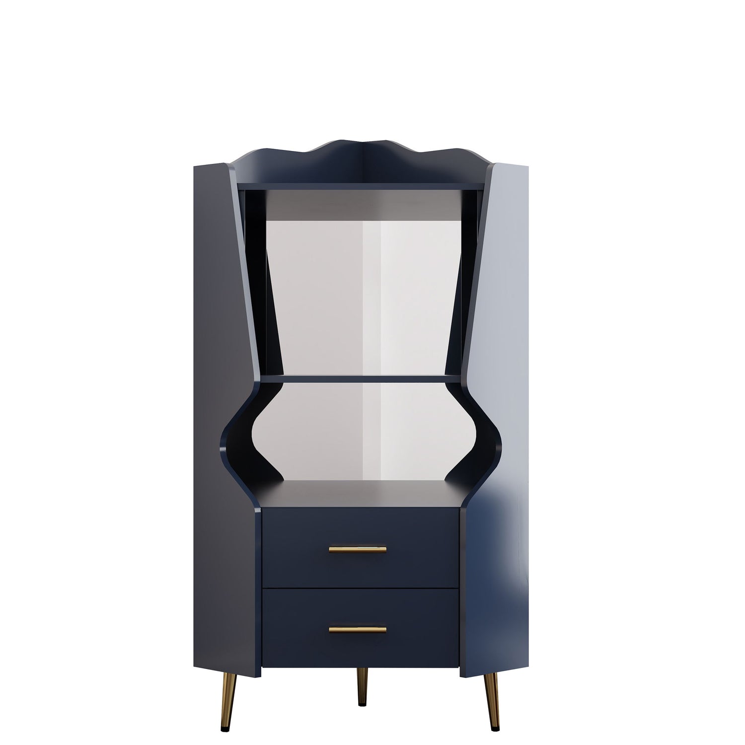 Corner Bar Cabinet With Mirrored Back, 2 Open Shelves &amp; 2 Drawers, High Legs For Easy Cleaning