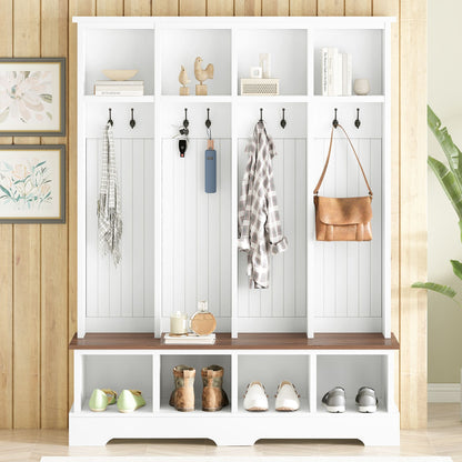 Hall Tree With 8 Hooks, Practical Entryway Bench With Open Compartments