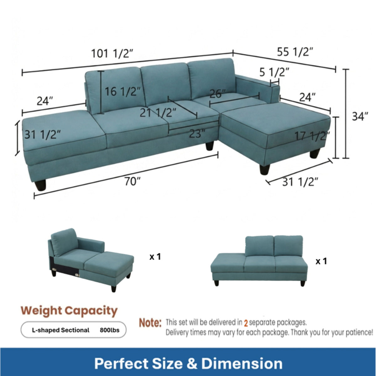 L - Shaped Sectional Sofa With Chaise &amp; Ottoman
