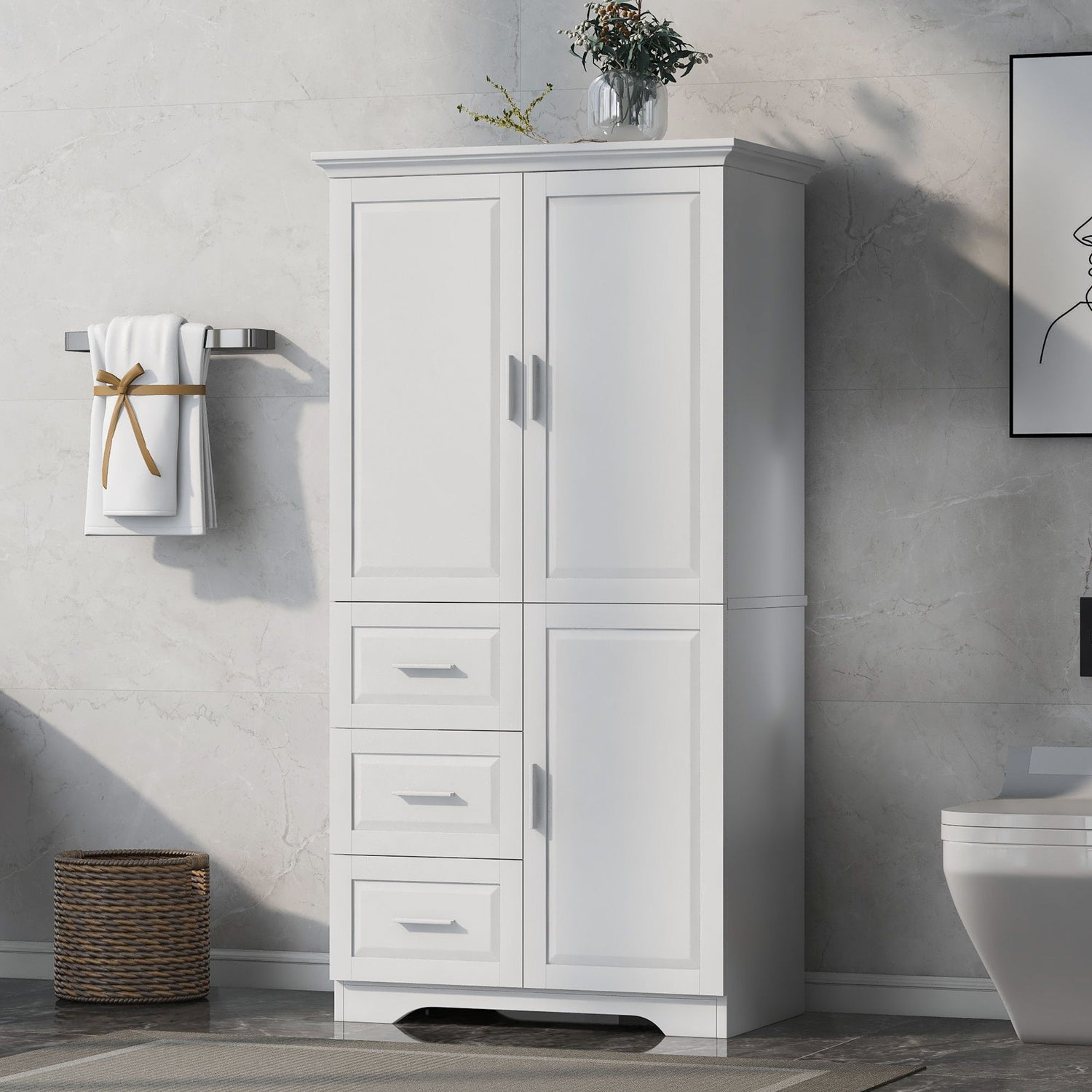 Tall And Wide Storage Cabinet With Doors, 3 Drawers
