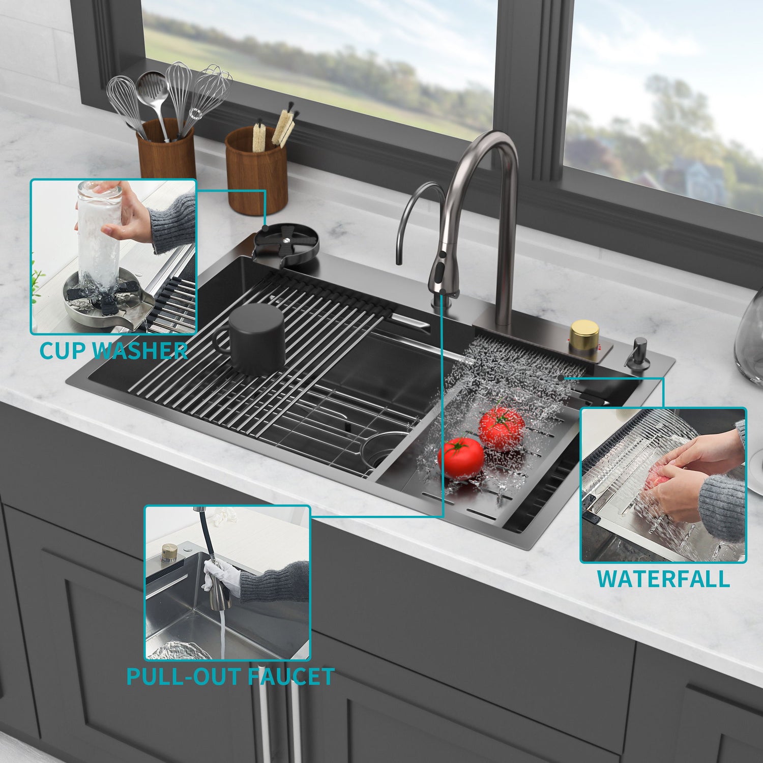 Waterfall Kitchen Sink With Pull Out Faucet &amp; Cup Washer