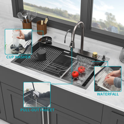 Waterfall Kitchen Sink With Pull Out Faucet &amp; Cup Washer