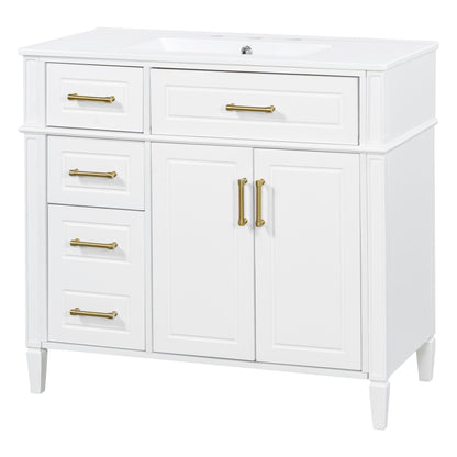 Bathroom Vanity With Sink, 4 Drawers (1 Flip Drawer), 2 Doors &amp; Adjustable Shelf - White