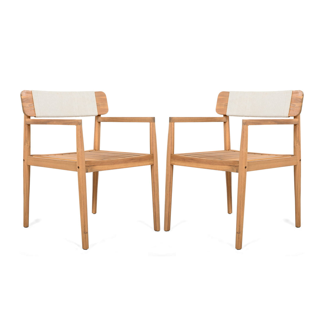 Creative Braided Acacia Wood Outdoor Dining Table And Chairs With Armrests (Set of 2) - Teak / White