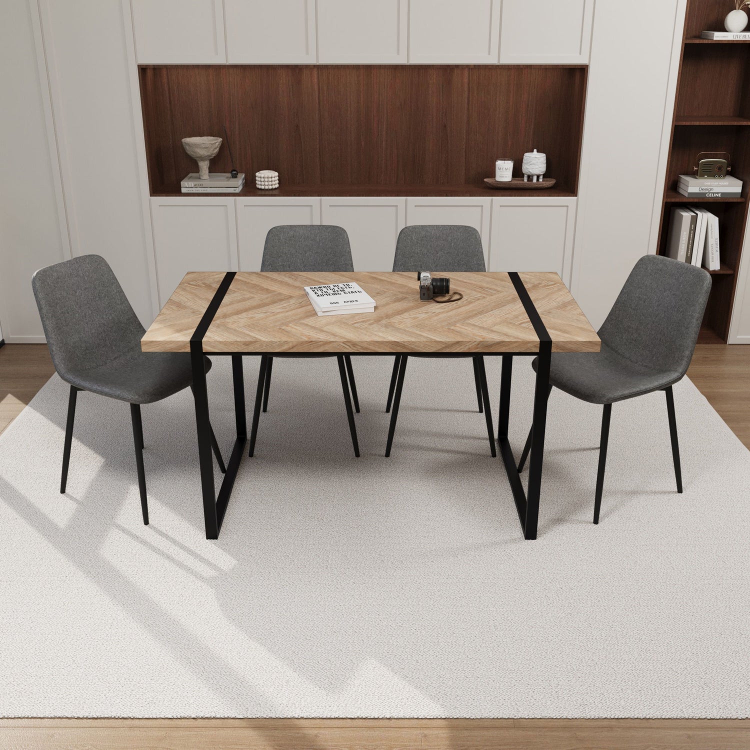 Modern Dining Table &amp; Suede Chair Set WIth Rectangular Metal Base