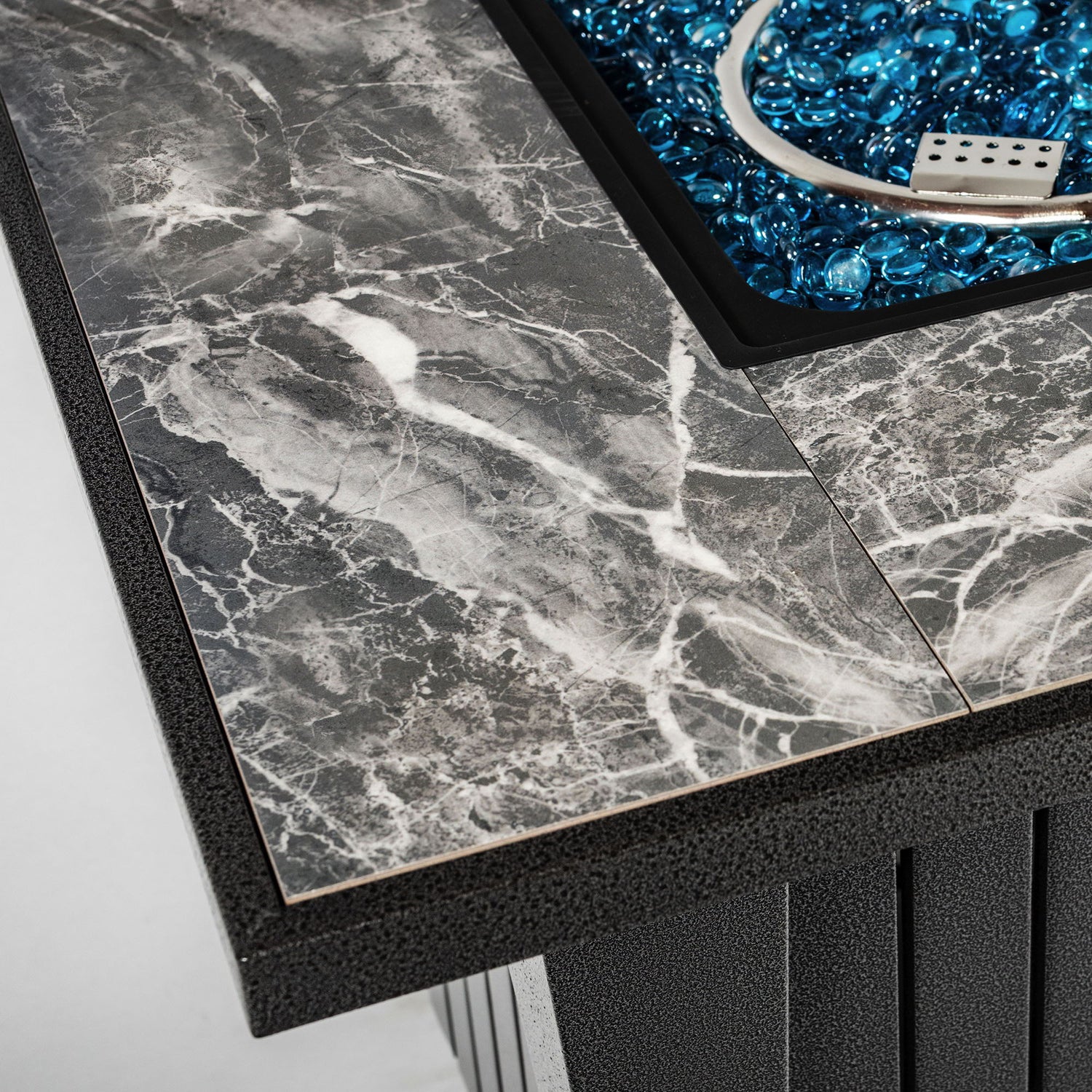Morden Steel Fire Pit Table With Marble Tile Tabletop, Glass Wind Guard And Lid