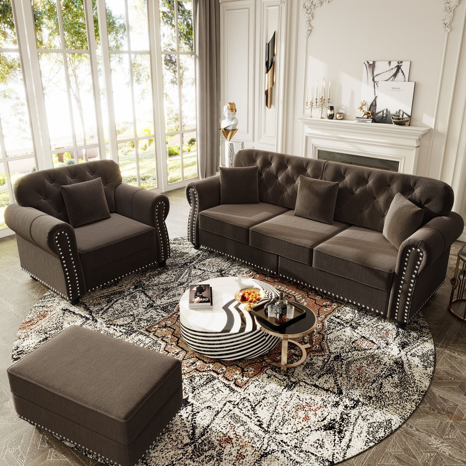 Upholstered Sofa Set With Nailhead Trim And Rolled Armrests, Includes Pillows