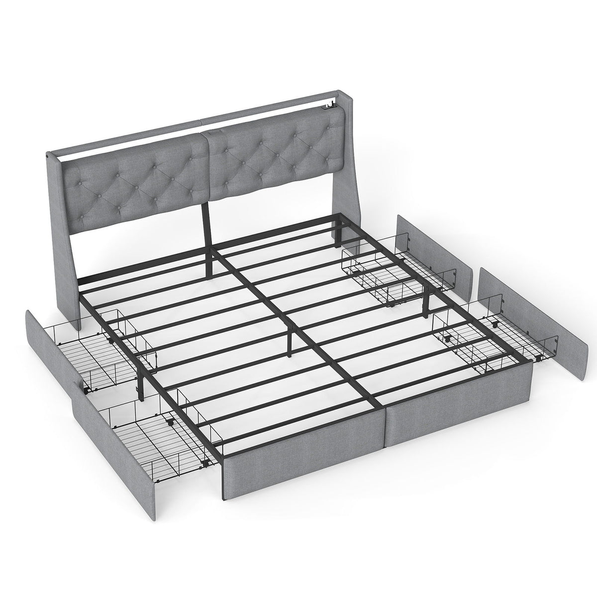 Platform Bed Frame With RGB LED Lights, Charging Station, Storage Headboard &amp; 4 Underbed Drawers