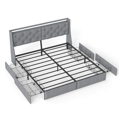 Platform Bed Frame With RGB LED Lights, Charging Station, Storage Headboard &amp; 4 Underbed Drawers