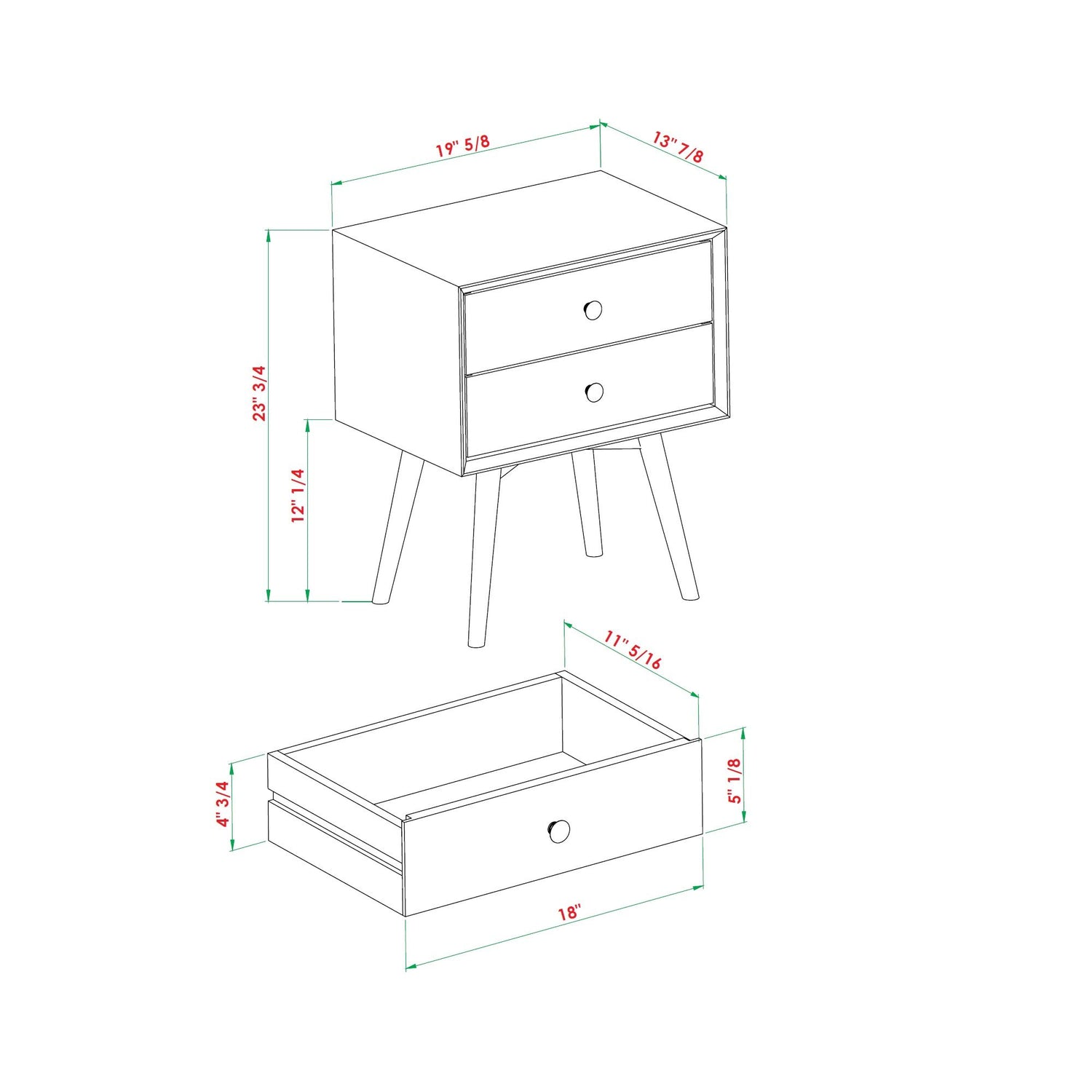 Mid-Century Modern Double Drawer Nightstand - Walnut