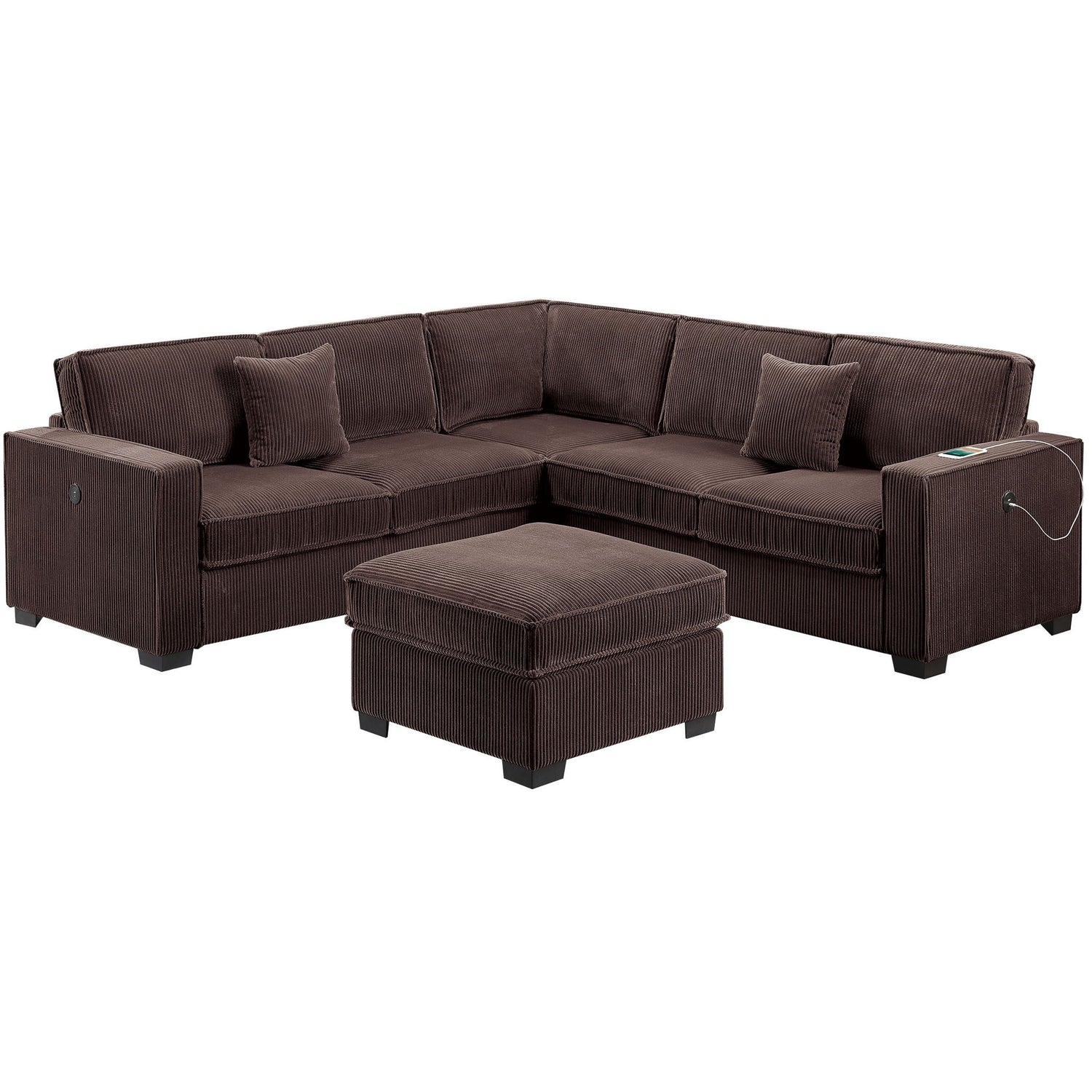4 Piece Sectional Set With USB Ports, Left Arm Facing / Right Arm Facing Loveseat, Corner Wedge, Cocktail Ottoman, 2 Pillows - Chocolate