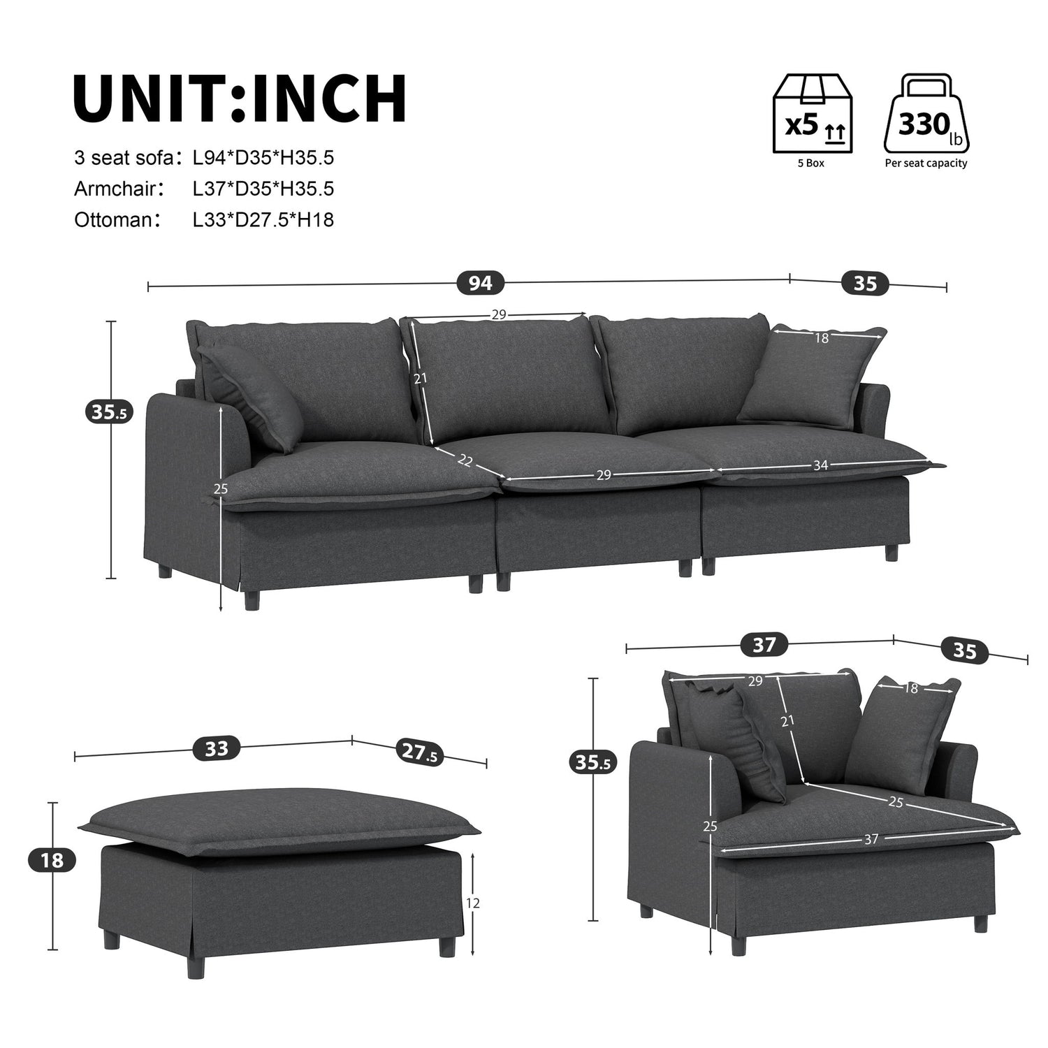 Living Room Set Modular Sectional Couch, Upholstered Sofa &amp; Armchair &amp; Movable Ottoman