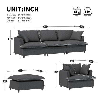 Living Room Set Modular Sectional Couch, Upholstered Sofa &amp; Armchair &amp; Movable Ottoman