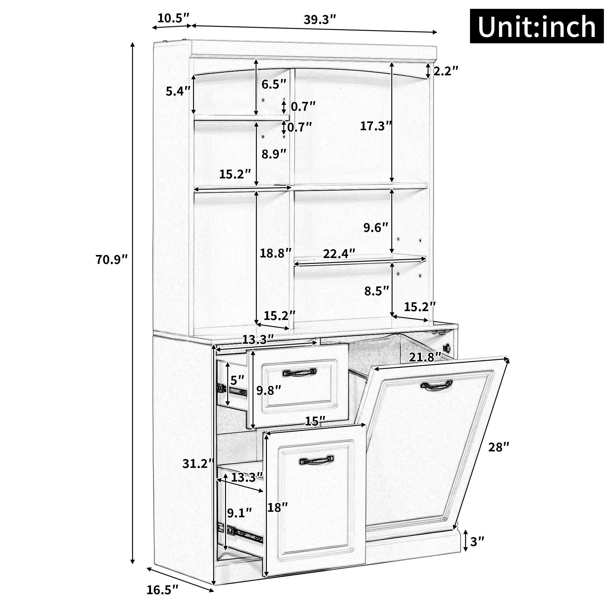 Bathroom Storage Cabinet With Tilt Out Hamper, Tall Free Standing Organizer With Drawers &amp; Adjustable Shelves, Linen Tower With Steel Handles - White