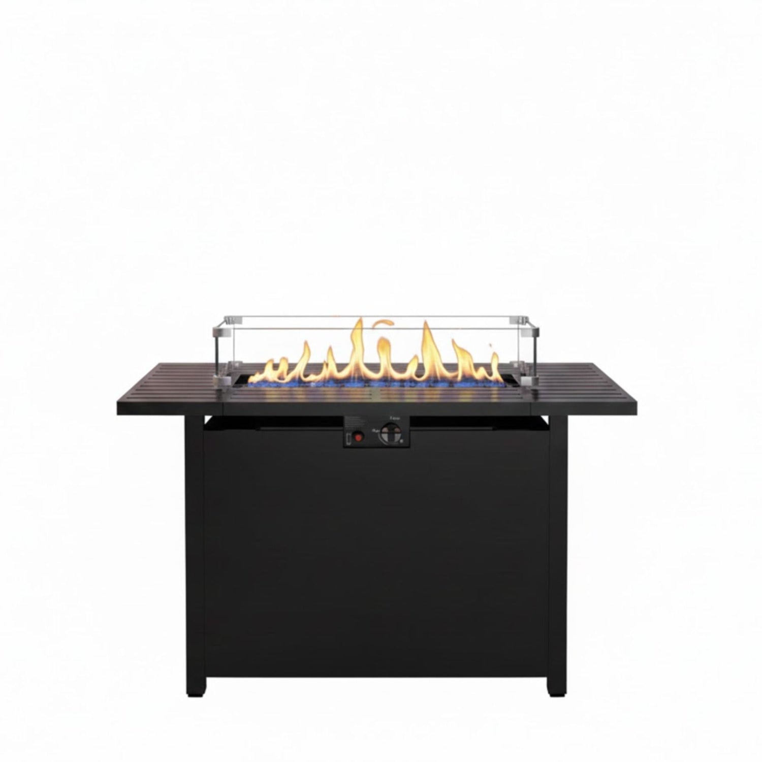 Outdoor 2 In 1 Gas Fire Pit Table With Lid &amp; Glass Shield, Stainless Burner, Lava Rock, Rectangular Design - Black