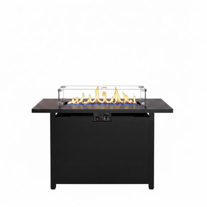 Outdoor 2 In 1 Gas Fire Pit Table With Lid &amp; Glass Shield, Stainless Burner, Lava Rock, Rectangular Design - Black