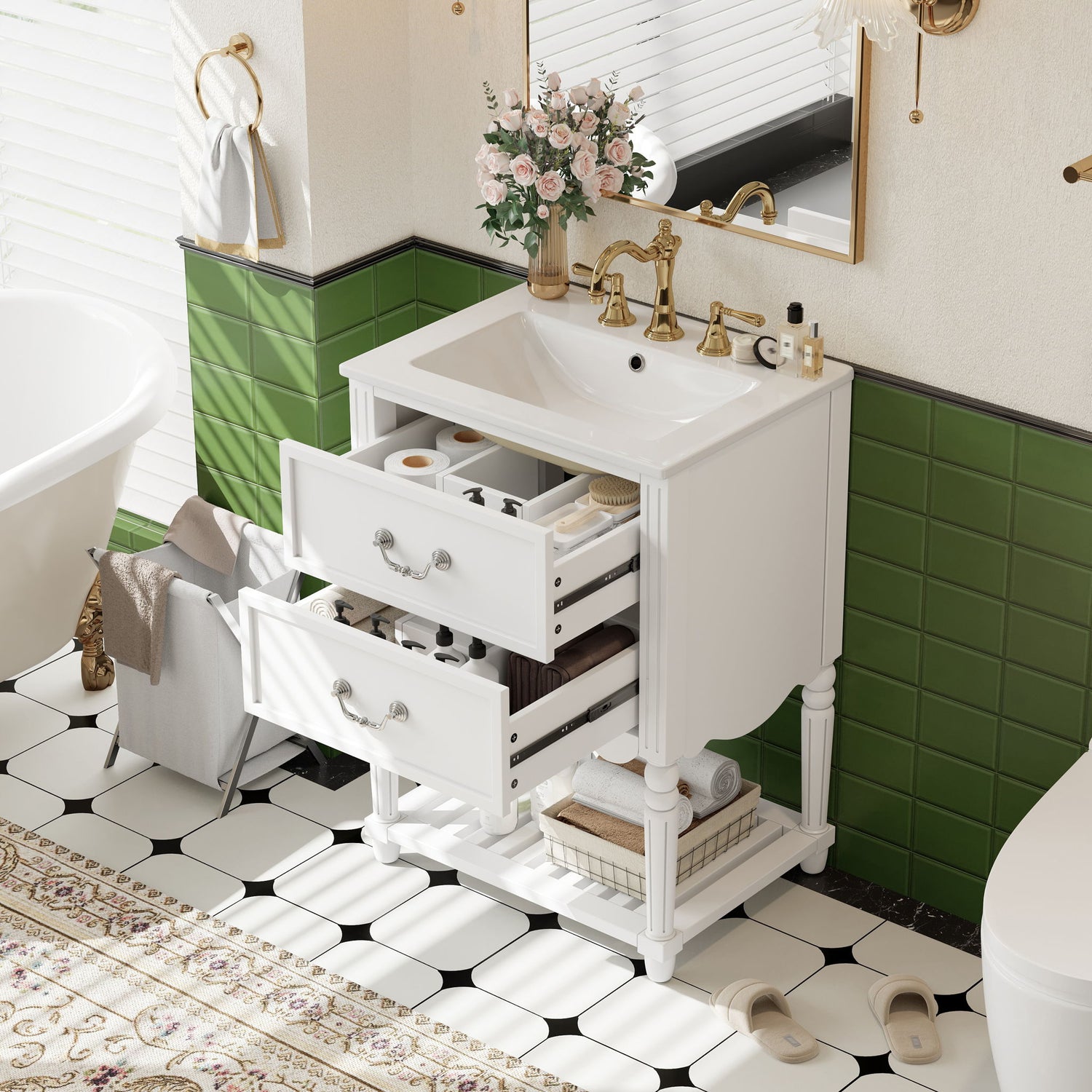 Wave Design Bathroom Vanity With Sink, 2 Drawers And Open Shelf