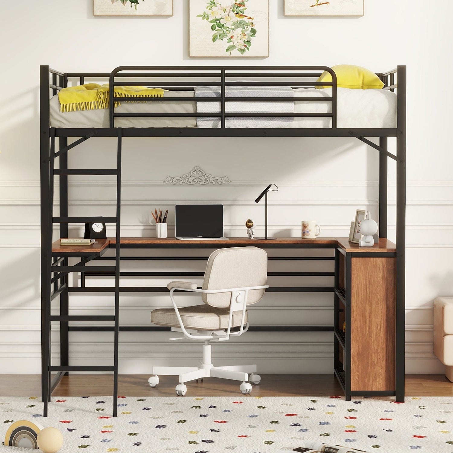 Loft Bed &amp; 3 Layers Of Shelves And L-Shaped Desk